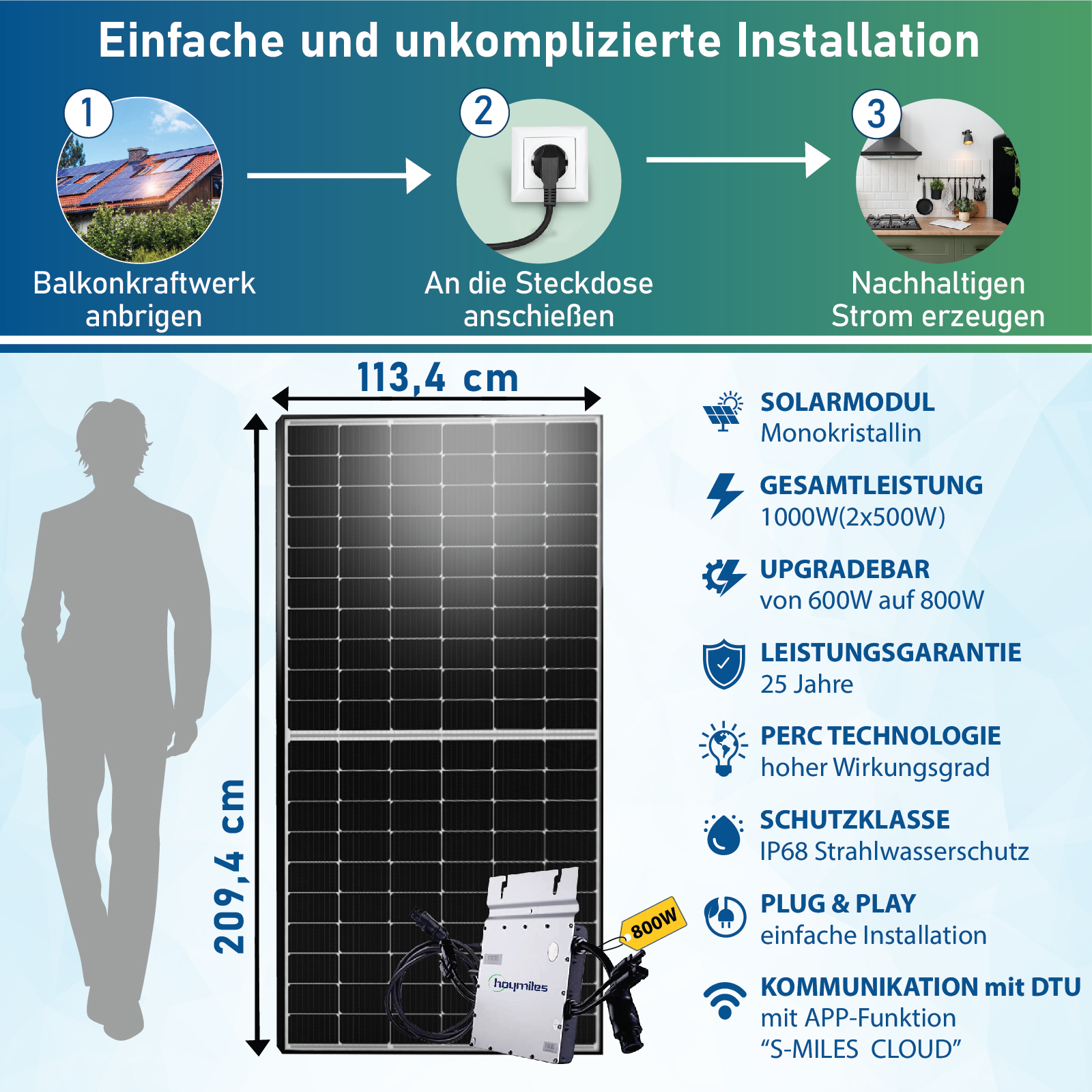 1000w Einphasen-Solarwechselrichter ohne Entladung Netzinjektion