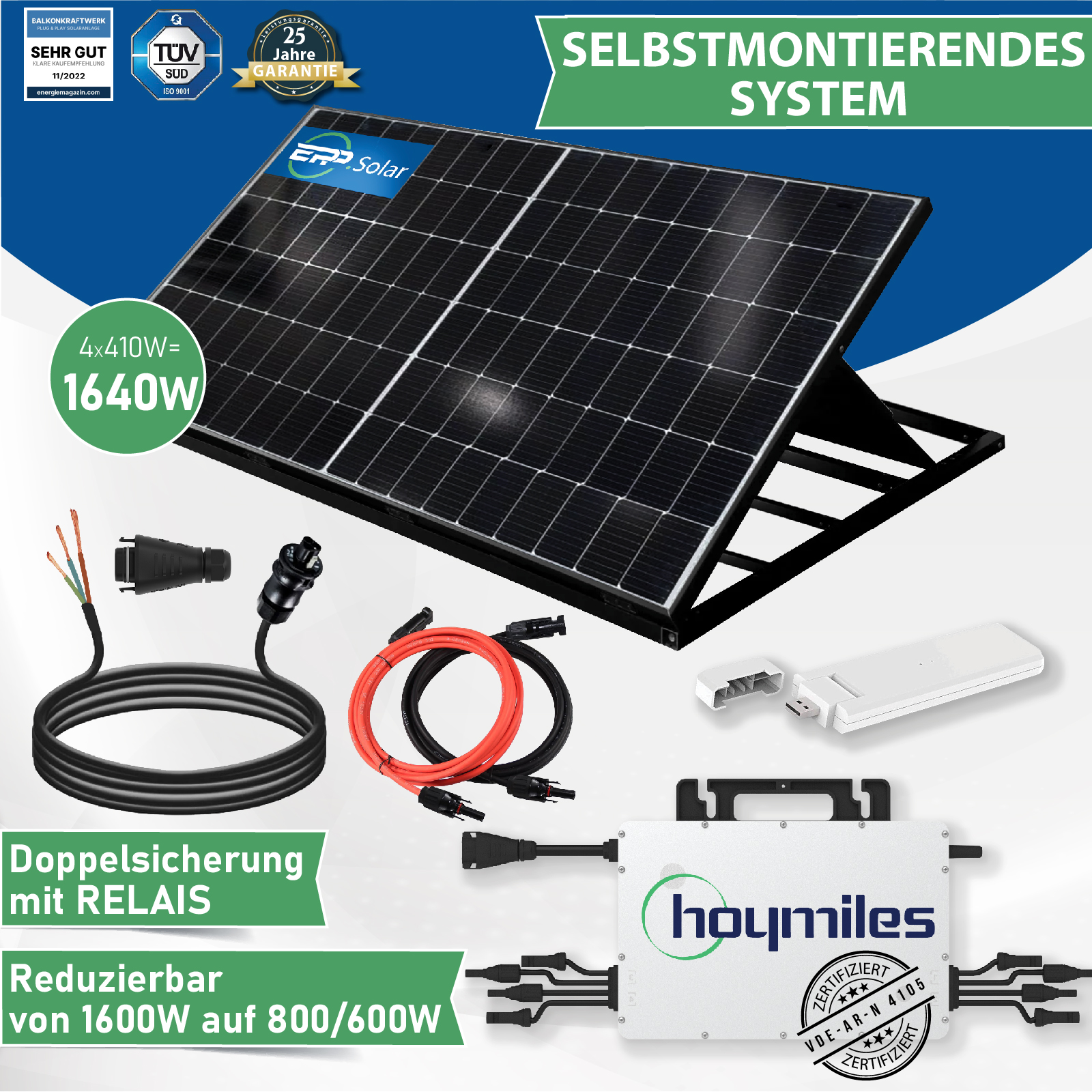 1640W/1600W Plug & Play Solaranlage Komplettset inkl. EPP 410W Easy Peak  Power Solarmodul mit Hoymiles HMS-1600-4T Wechselrichter und DTU-WLite-S -  epp shop