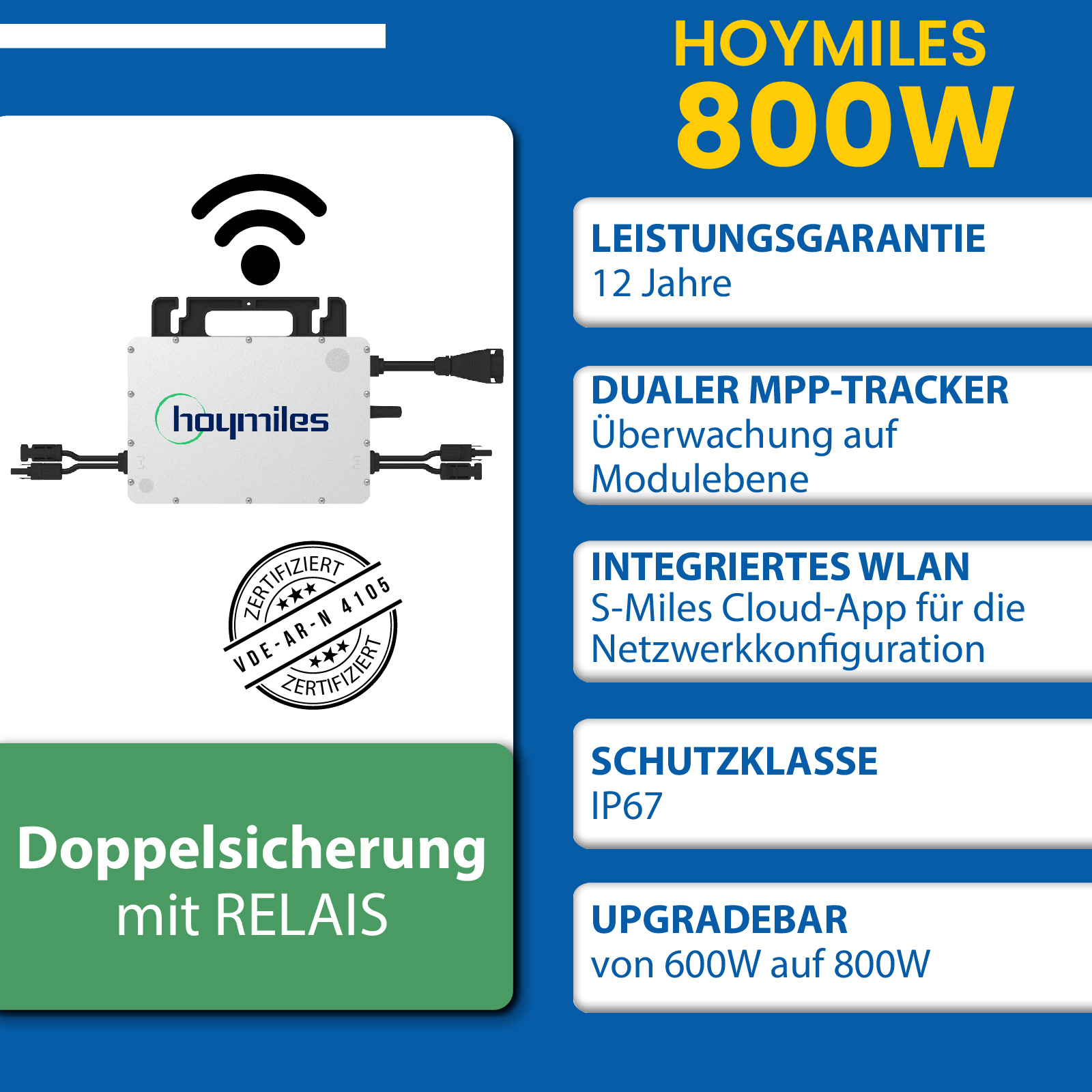 Wechselrichter 800W mit WLAN & App - IP67-Wasserdichter Mikrowechselrichter  für 2 Solarmodule - PV Solar Balkonkraftwerk Netzeinspeisung Micro  Inverter: : Gewerbe, Industrie & Wissenschaft