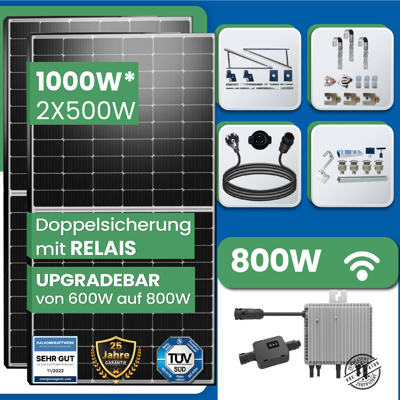 1000W Balkonkraftwerk Komplettset inkl. 500W Solarmodule, Neu Generation  Deye 800W WIFI Wechselrichter mit Relais, Schuko Stecker - Enprove Solar  GmbH