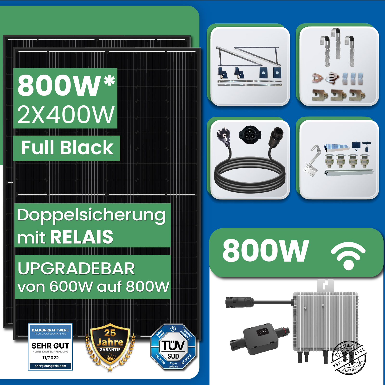 800W Balkonkraftwerk Komplettset mit 400W Black Frame Solarmodule, Hoymiles  HM-800W Wechselrichter und 10m Schuckostecker - epp shop