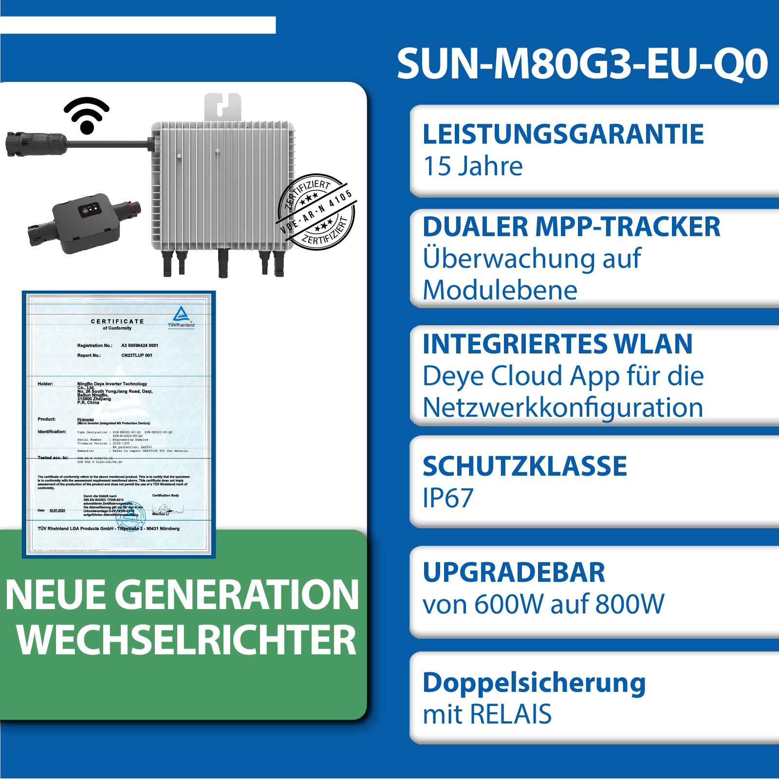 800W Deye (SUN-M80G3-EU-Q0) Neu Generation Upgradefähiger WIFI  Wechselrichter mit Relais - epp shop