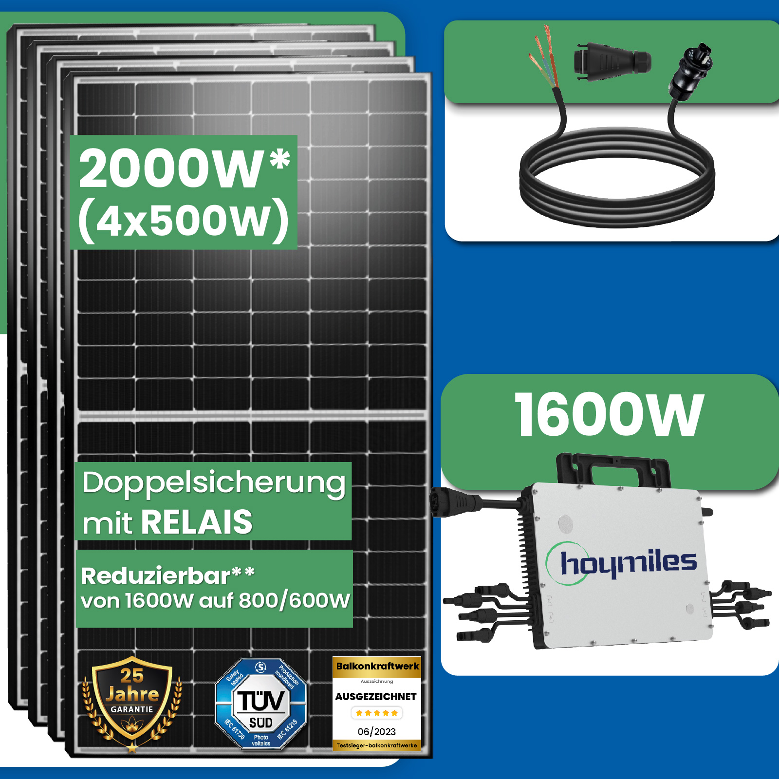 2000W Photovoltaik Balkonkraftwerk mit EPP 500W Solarmodule, Hoymiles  HMS-1600-4T Wechselrichter und 10m Wielandstecker