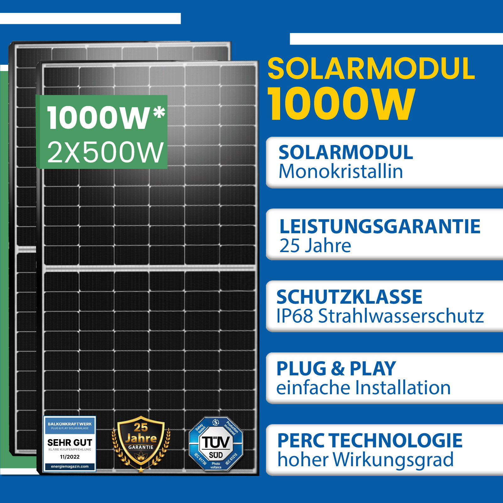 1000W Balkonkraftwerk Komplettset inkl. 500W Solarmodule, Hoymiles